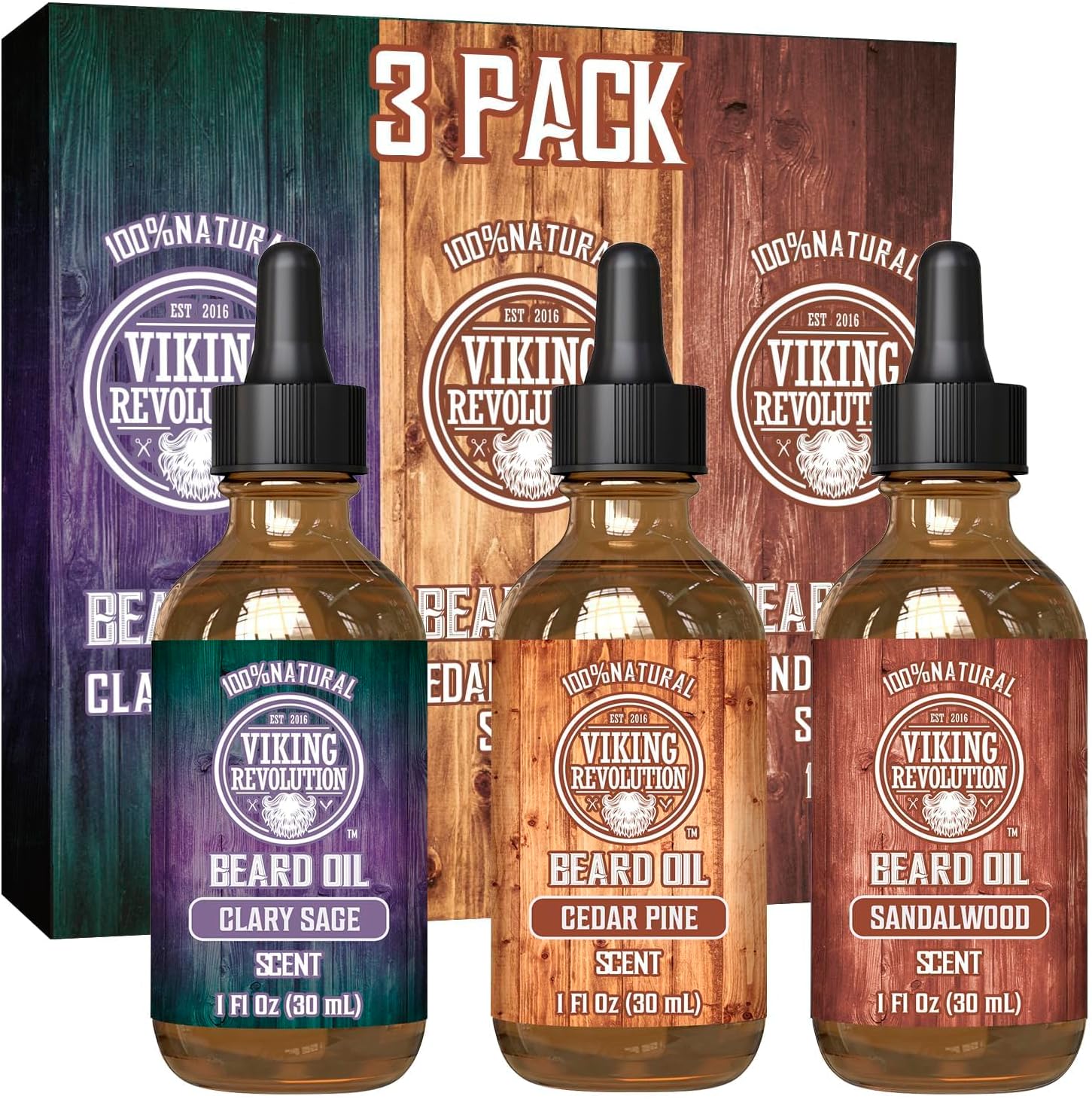 Viking Revolution - Beard Oil - All Natural Variety Beard Oil For Men With Argan & Jojoba Oils - Sandalwood, Cedar Pine, Clary Sage - Softens, Smooths & Strengthens - Gifts For Men - 3 Pack, 3 x 30 ml-0