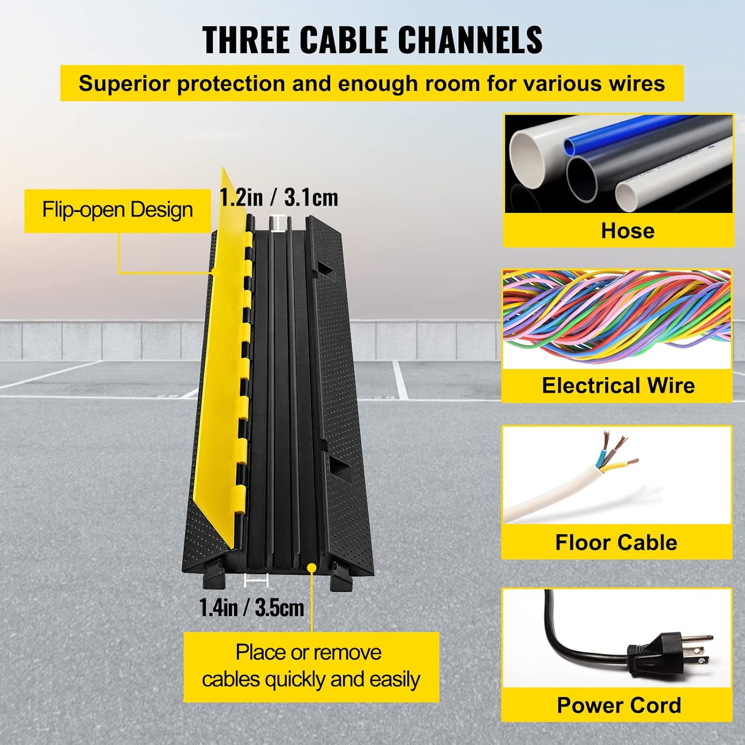 VEVOR 3 Channel Rubber Cable Protector Ramp 1.2 x 1.2 Inch Channel Heavy Duty Cable Wire Cord Cover Ramp Speed Bump Driveway Hose Cable Ramp Protector-2