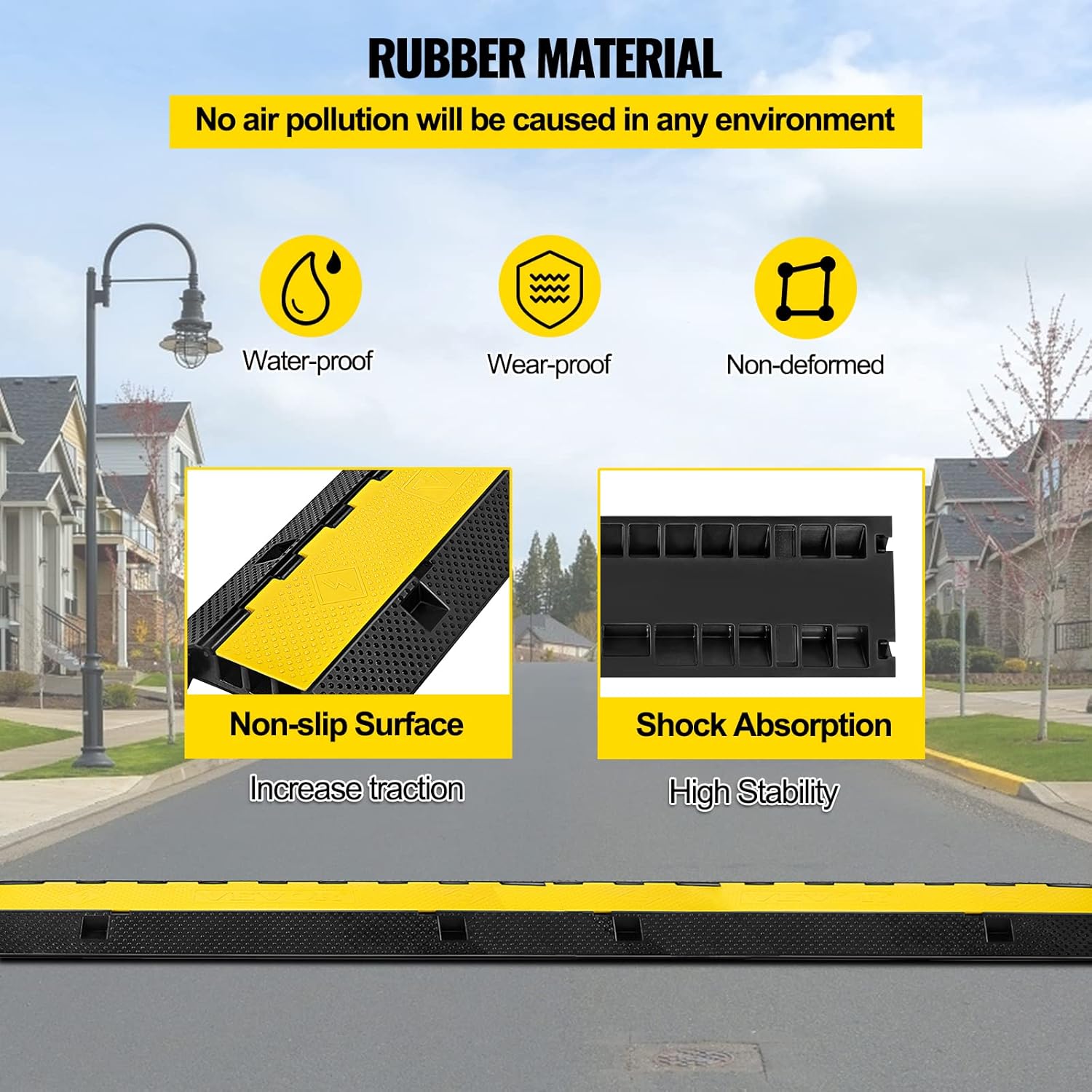 VEVOR 3 Channel Rubber Cable Protector Ramp 1.2 x 1.2 Inch Channel Heavy Duty Cable Wire Cord Cover Ramp Speed Bump Driveway Hose Cable Ramp Protector-4