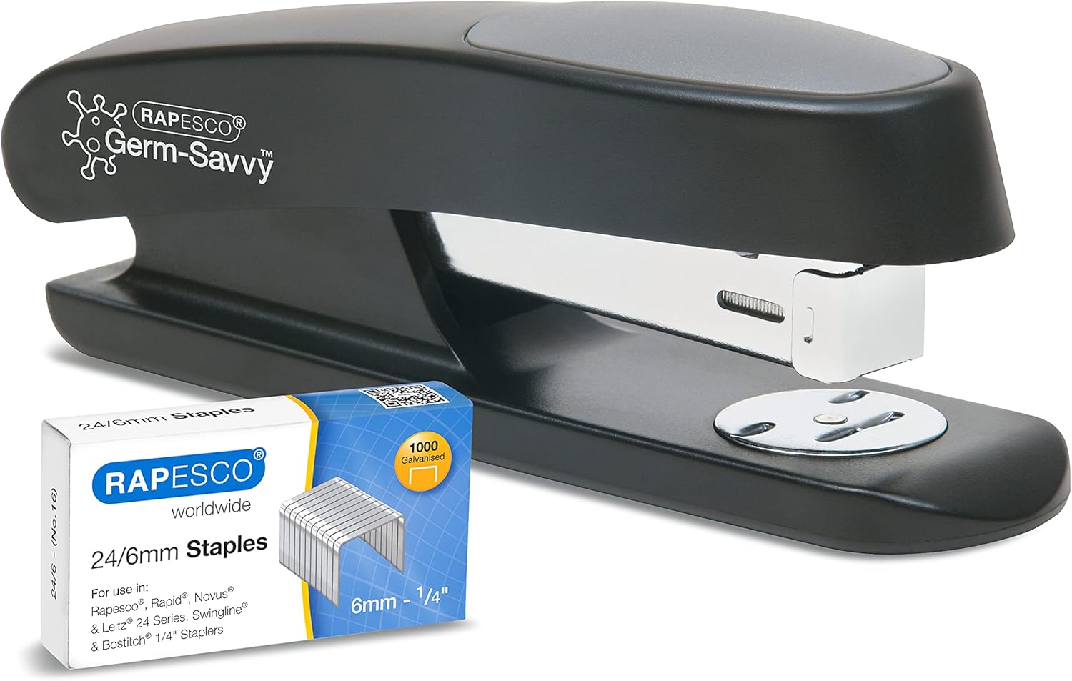 Rapesco 1482 Germ-Savvy Antibacterial ECO Sting Ray Stapler, 20 Sheet Capacity and 1000 24/6 mm Staples, Black-0