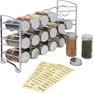 Amtido Spice Rack Storage | 3 Tier Free Standing Organiser | With 18 Empty Glass Jar Bottles and 48 Labels | Inside Kitchen Cupboard Pantry for Herbs and Spices Tidy | Metal – Chrome