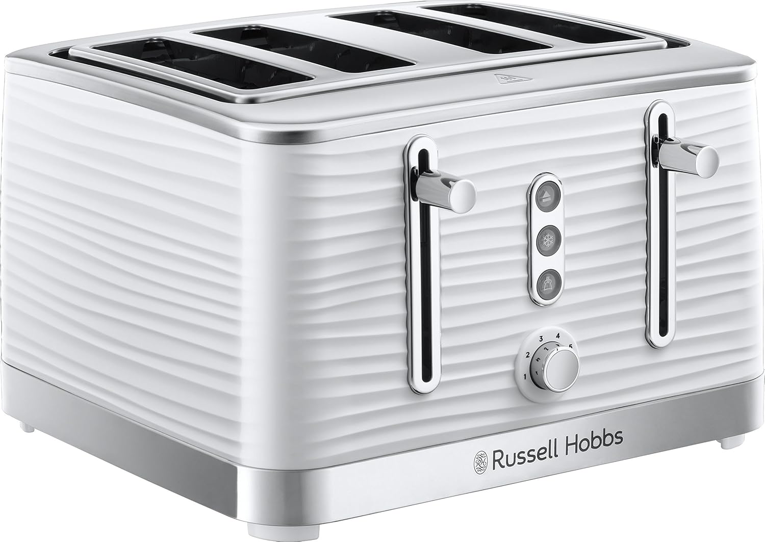 Russell Hobbs Inspire 4 Slice Toaster (Extra wide slots, High lift feature, 6 Browning levels, Frozen/Cancel/Reheat function with Blue LED illumination, 1800W, White textured high gloss) 24380-0