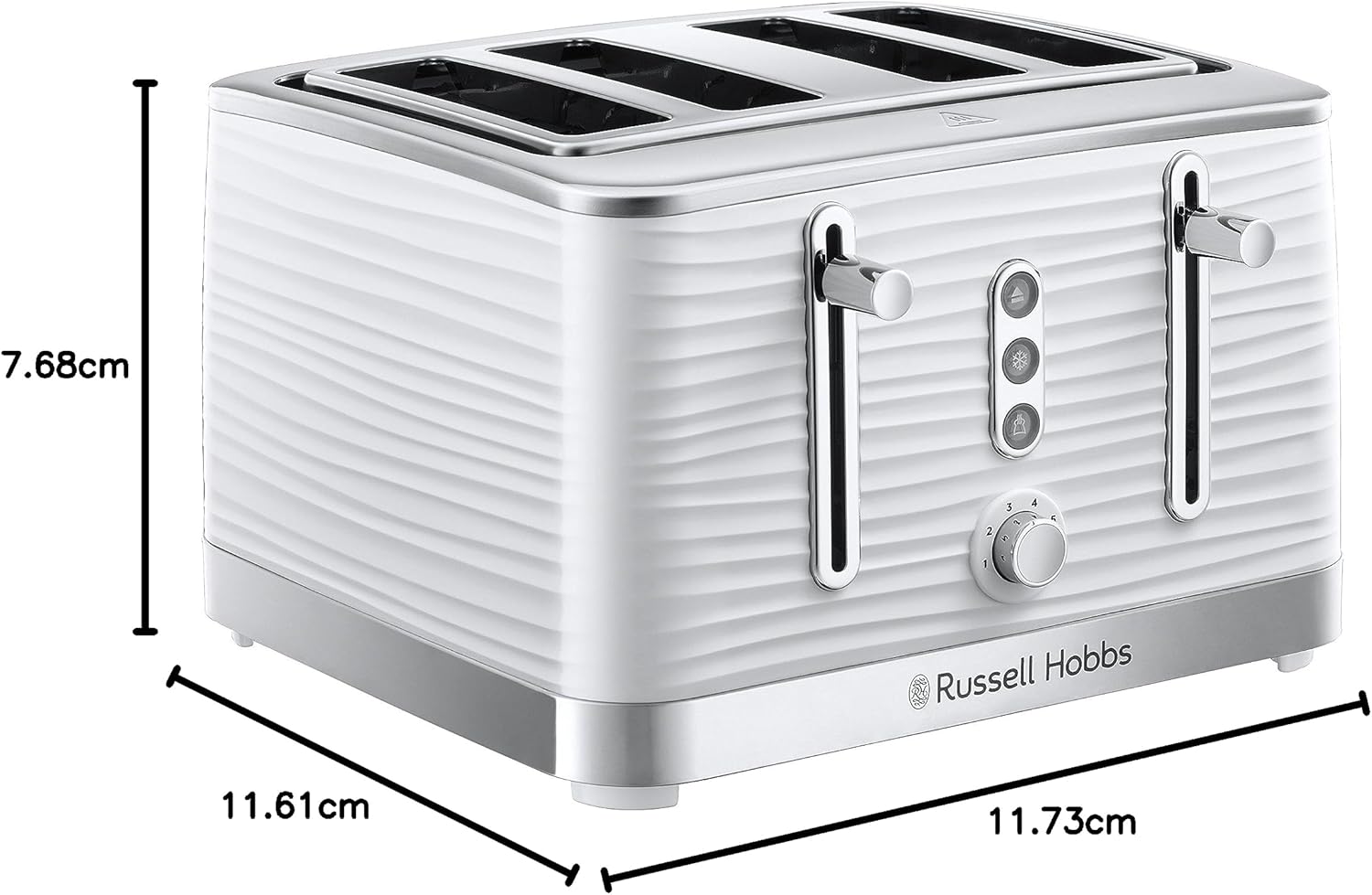 Russell Hobbs Inspire 4 Slice Toaster (Extra wide slots, High lift feature, 6 Browning levels, Frozen/Cancel/Reheat function with Blue LED illumination, 1800W, White textured high gloss) 24380-5