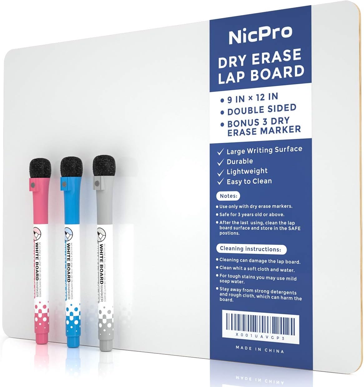 Nicpro Dry Erase Mini Whiteboard A4, 22 x 30 cm Double Sided Lapboard with 3 Water-Based Pens Learning Small White Board Portable Drawing Writing for Kid Student and Classroom Use-0