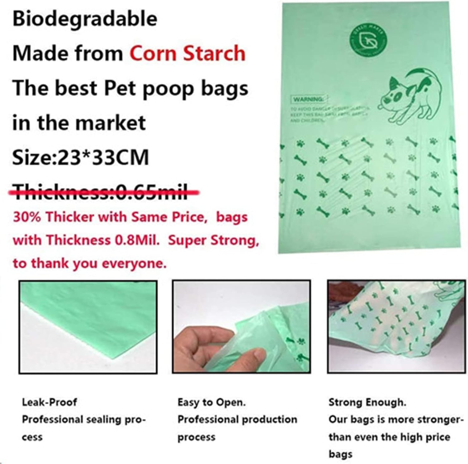 Green Maker Biodegradable 30% Thicker Dog Poop Bags 360 Dog Waste Bags Extra Thick Strong Made from Corn Starch Plants Based (Green)-1