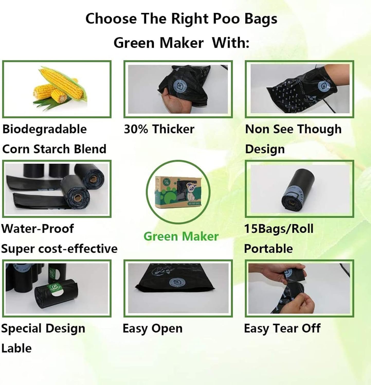 Green Maker Biodegradable 30% Thicker Dog Poop Bags 360 Dog Waste Bags Extra Thick Strong Made from Corn Starch Plants Based (Green)-2