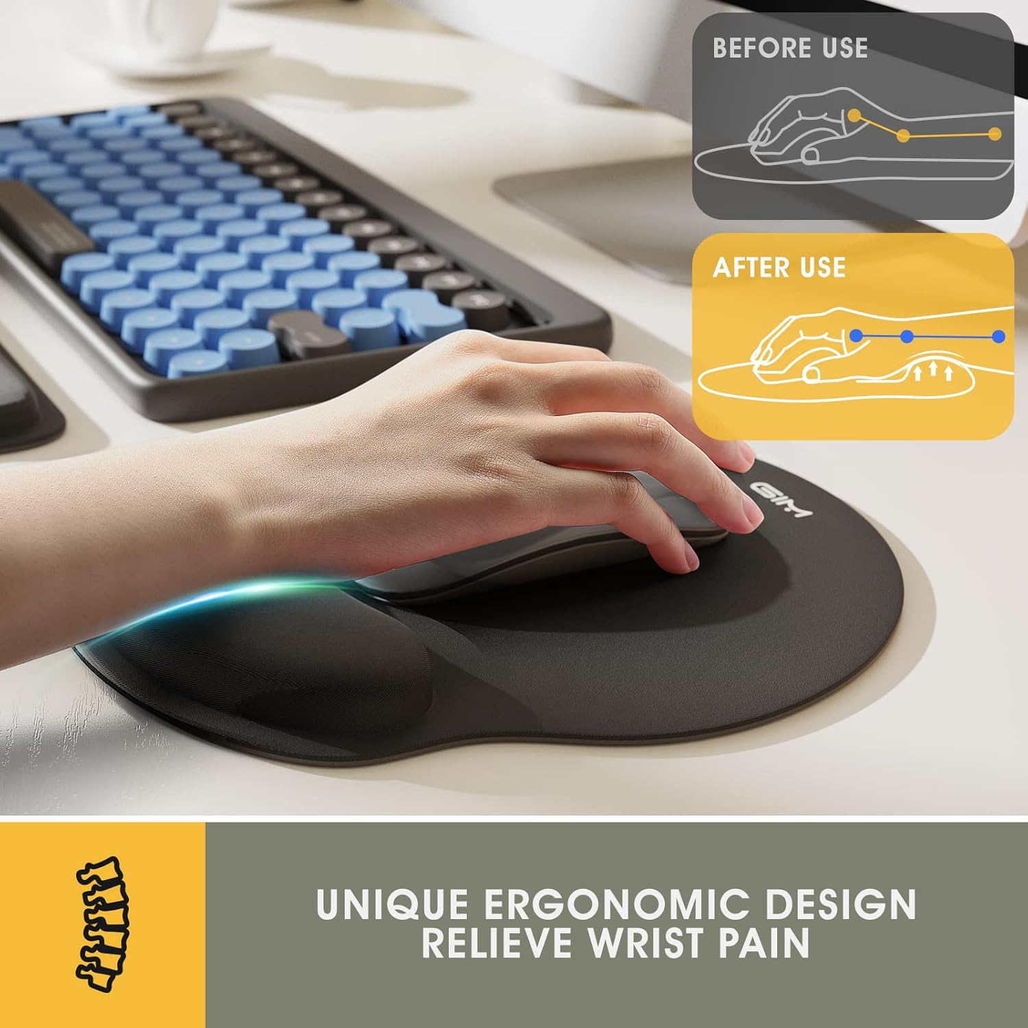 GIM Keyboard Wrist Rest Mouse Mat Set, Ergonomic Keyboard Wrist Support Memory Foam Mouse Mat with Wrist Cushion Support for Computer and Laptop Home Office Gaming (Black)-1