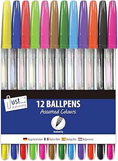 Just stationery 12 Multicoloured Ballpoint Pens, Assorted Colours, Count (Pack of 1)