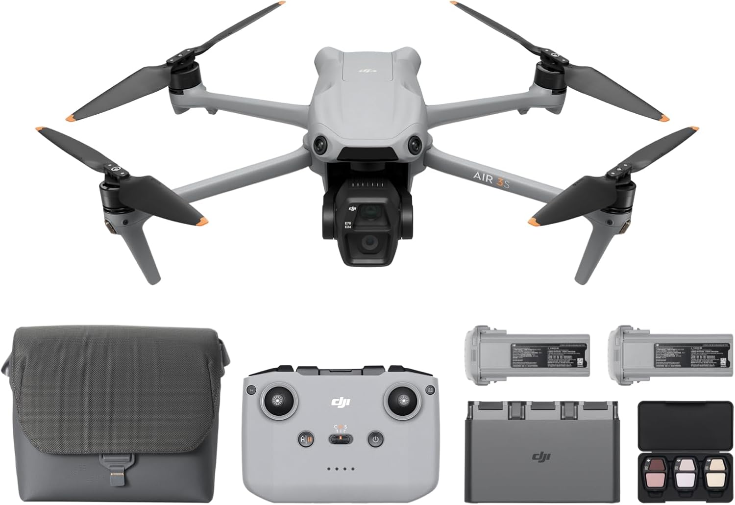 DJI Air 3S Fly More Combo (RC-N3), Drone with 1" CMOS Wide-Angle & Medium Tele Camera, 4K/60fps HDR Video, Nightscape Omnidirectional Obstacle Sensing & 3 Batteries for Extended Flight Time-0