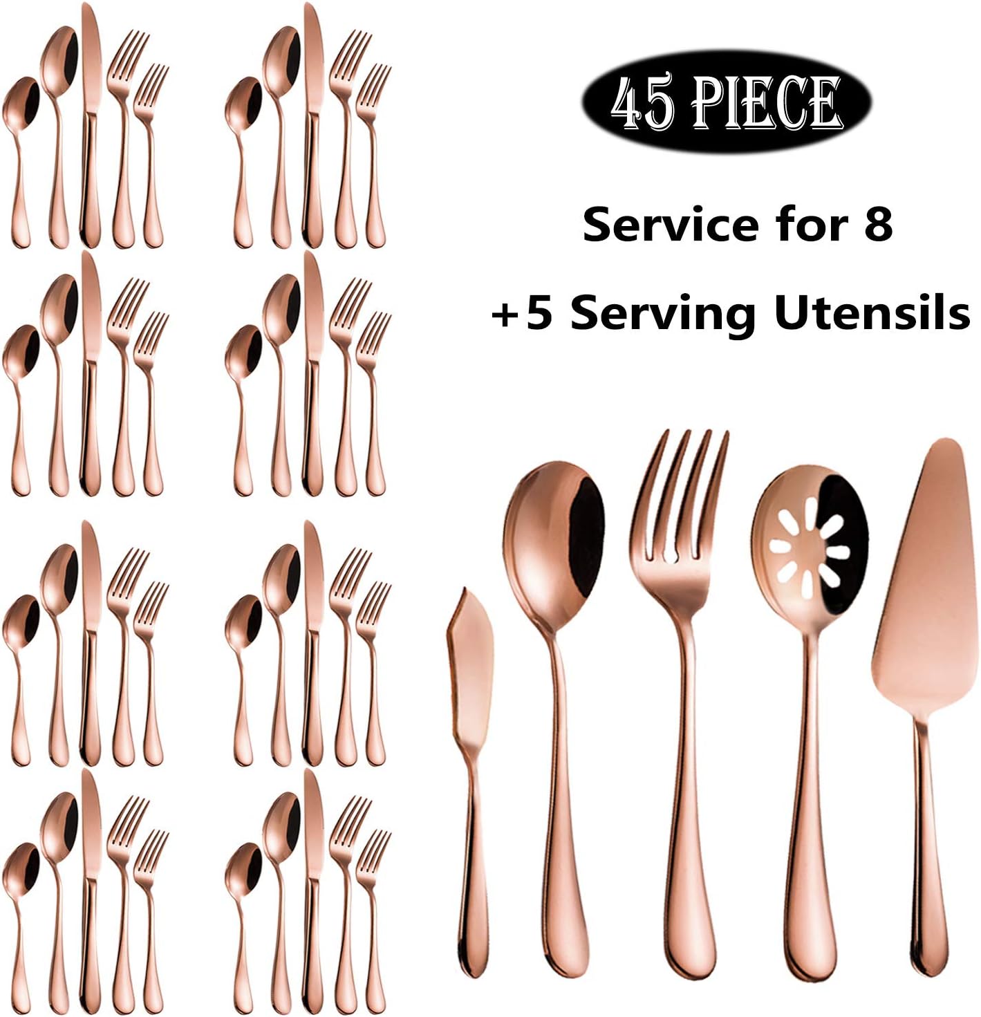 Magicpro Modern Royal 45-Pieces rose gold Stainless Steel Cutlery Set for Wedding Festival Christmas Party, Service For 8-5