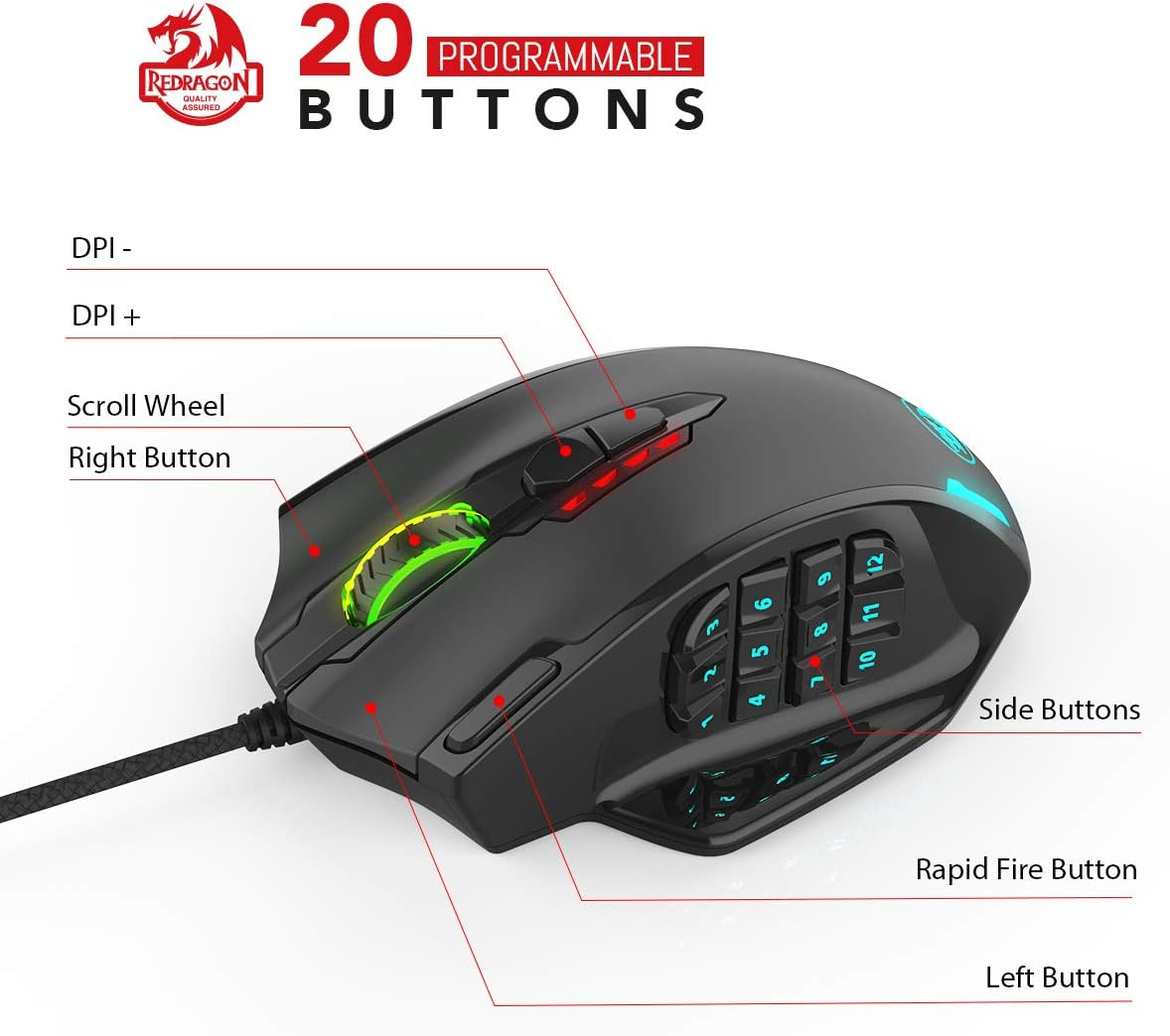 Redragon M908 Impact RGB LED MMO Mouse with Side Buttons Optical Wired Gaming Mouse with 12,400DPI, High Precision, 20 Programmable Mouse Buttons-2