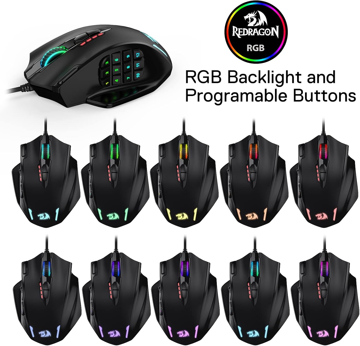 Redragon M908 Impact RGB LED MMO Mouse with Side Buttons Optical Wired Gaming Mouse with 12,400DPI, High Precision, 20 Programmable Mouse Buttons-6