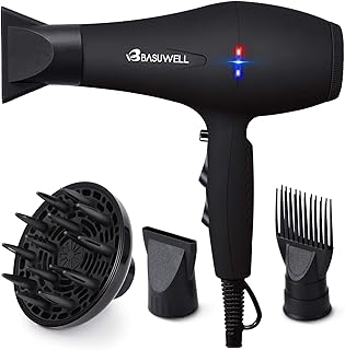 BASUWELL Hair Dryer Professional 2100W Salon Hairdryer Ionic Far Infrared 2 Speed 3 Heat Cool Shot Setting AC Motor Blow Dryer with Diffuser/Concentrator/Comb Air Nozzle - UK Plug Black