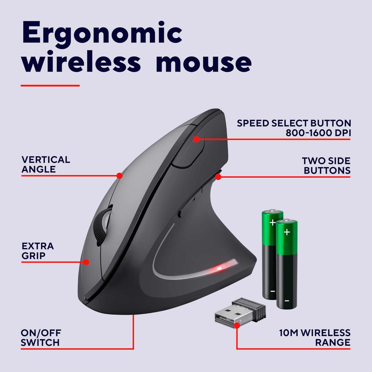 Trust Verto Wireless Ergonomic Mouse, Vertical Mouse with Storable USB Micro-receiver, 800-1600 DPI, 6 Buttons, Illuminated Mouse for Right Hand Users for PC, Laptop, Mac, Batteries Included - Black-1