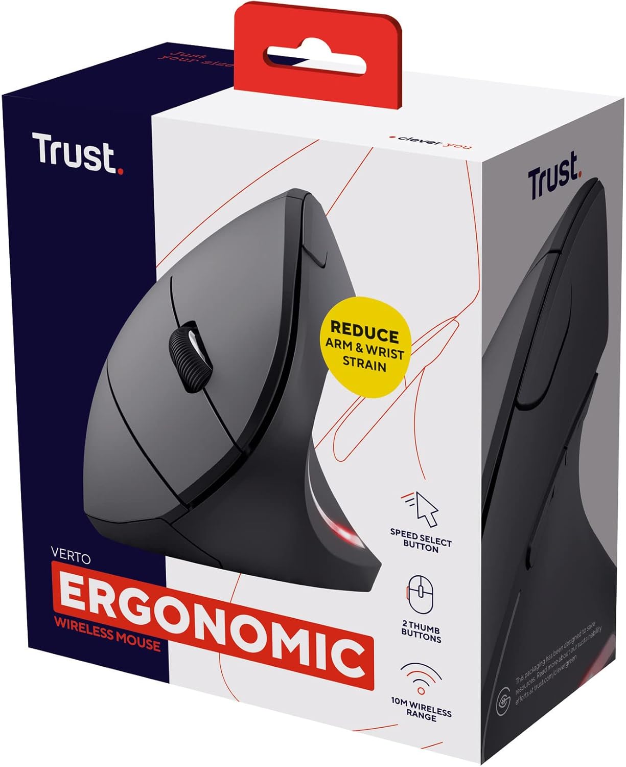 Trust Verto Wireless Ergonomic Mouse, Vertical Mouse with Storable USB Micro-receiver, 800-1600 DPI, 6 Buttons, Illuminated Mouse for Right Hand Users for PC, Laptop, Mac, Batteries Included - Black-11