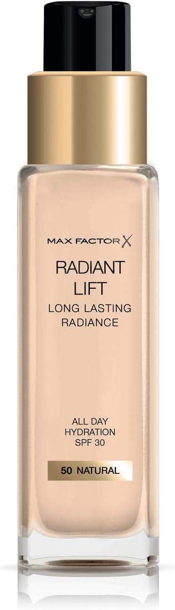 Max Factor Radiant Lift Liquid Pump Medium to Full Coverage Radiant Finish Foundation with SPF30 and Hyaluronic Acid, 050 Natural, Medium Skin Tone, 30ml-0