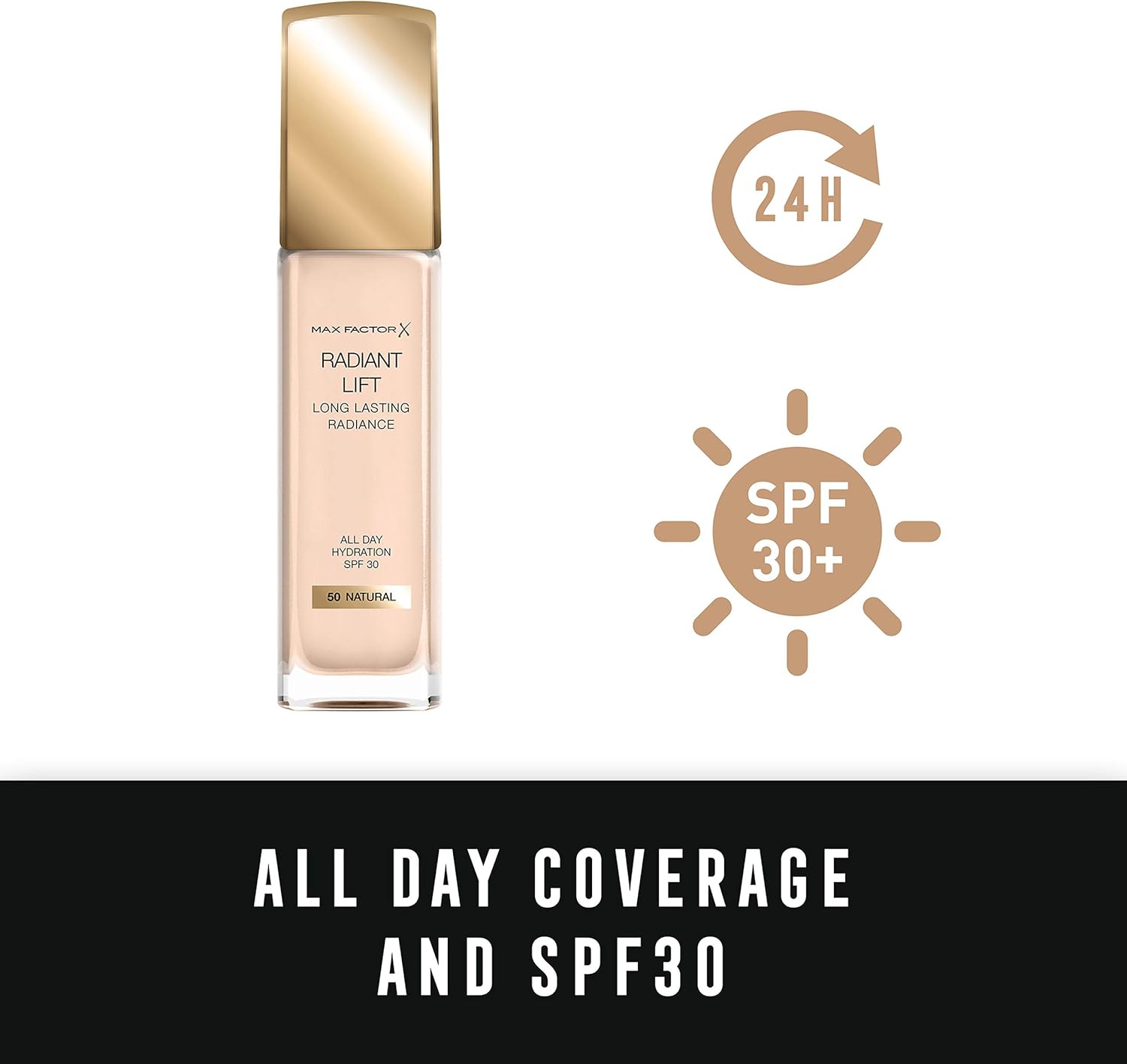 Max Factor Radiant Lift Liquid Pump Medium to Full Coverage Radiant Finish Foundation with SPF30 and Hyaluronic Acid, 050 Natural, Medium Skin Tone, 30ml-5