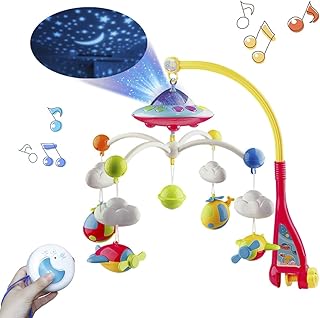 Mini Tudou Musical Baby Crib Mobile Toy with Lights and Music, Star Projector Function and Cartoon Rattles,Remote Control Musical Box with 108 Melodies, Toy for Newborn Sleep