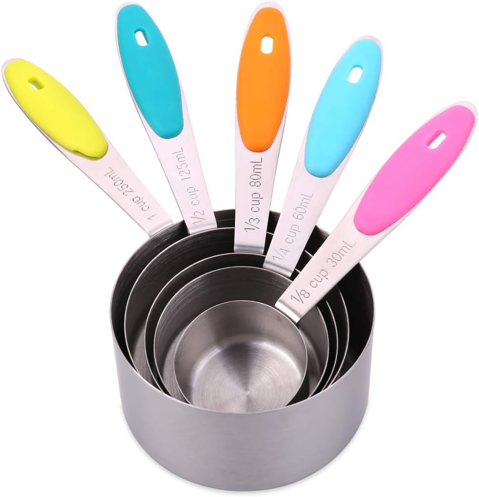 H&S Measuring Cup Set of 5 Stainless Steel Metal Measure Spoon Cups for Baking Cooking American Kitchen-0