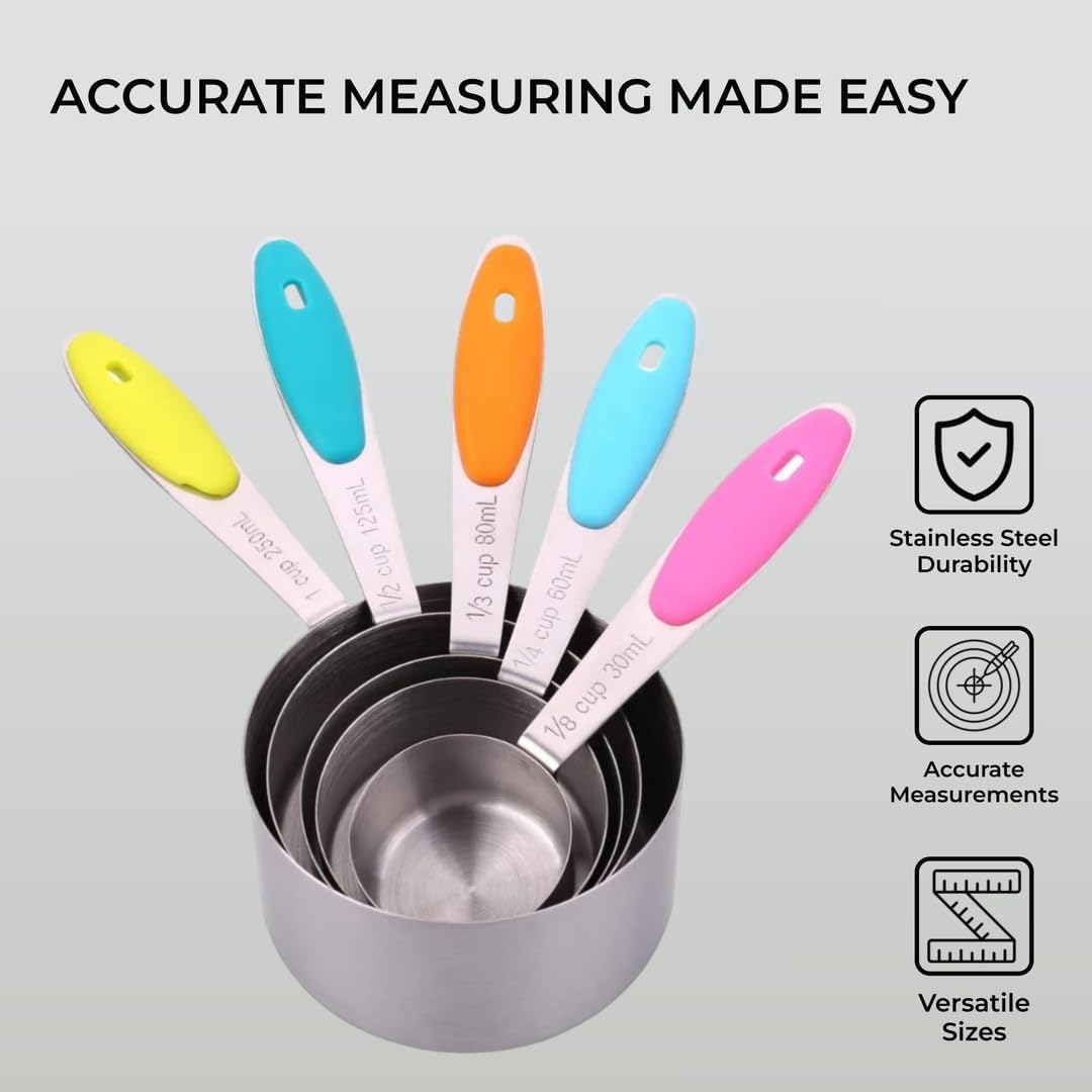 H&S Measuring Cup Set of 5 Stainless Steel Metal Measure Spoon Cups for Baking Cooking American Kitchen-2