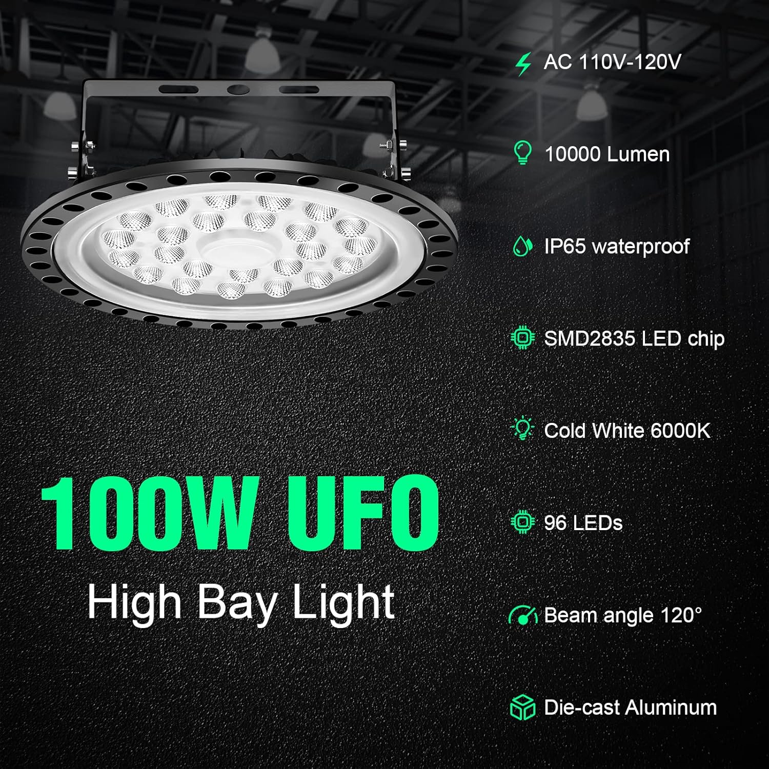 Viugreum 100W UFO LED High Bay Light, 10000LM 6000K-6500K Daylight White Ultra Thin LED Warehouse Lighting, IP65 Waterproof Commercial Bay Lighting Shop Area Workshop Garage Lights Fixtures-3