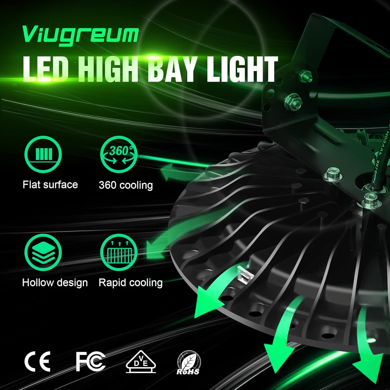 Viugreum 100W UFO LED High Bay Light, 10000LM 6000K-6500K Daylight White Ultra Thin LED Warehouse Lighting, IP65 Waterproof Commercial Bay Lighting Shop Area Workshop Garage Lights Fixtures-4