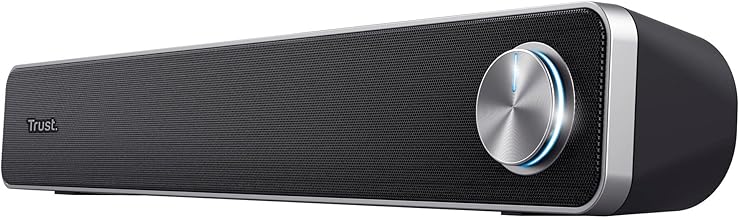 Trust Arys PC Soundbar, Speaker for Computer and Laptop, 12 W, USB Sound System, Metal Grill, Illuminated Volume Control, Speaker Bar for PC, Laptop, Mac - Black