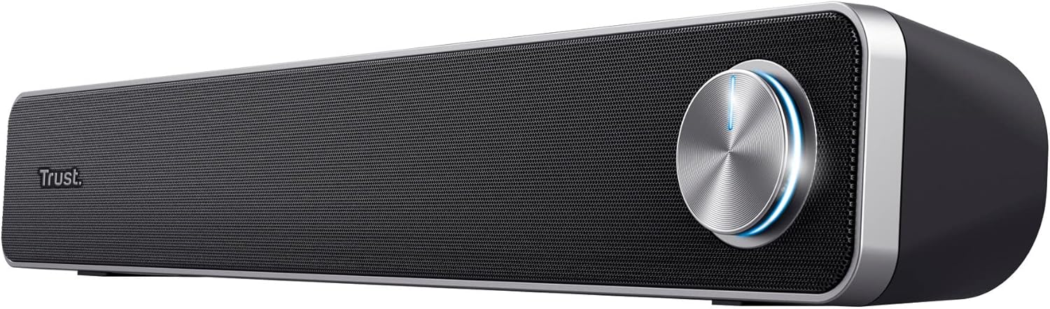 Trust Arys PC Soundbar, Speaker for Computer and Laptop, 12 W, USB Sound System, Metal Grill, Illuminated Volume Control, Speaker Bar for PC, Laptop, Mac - Black-0