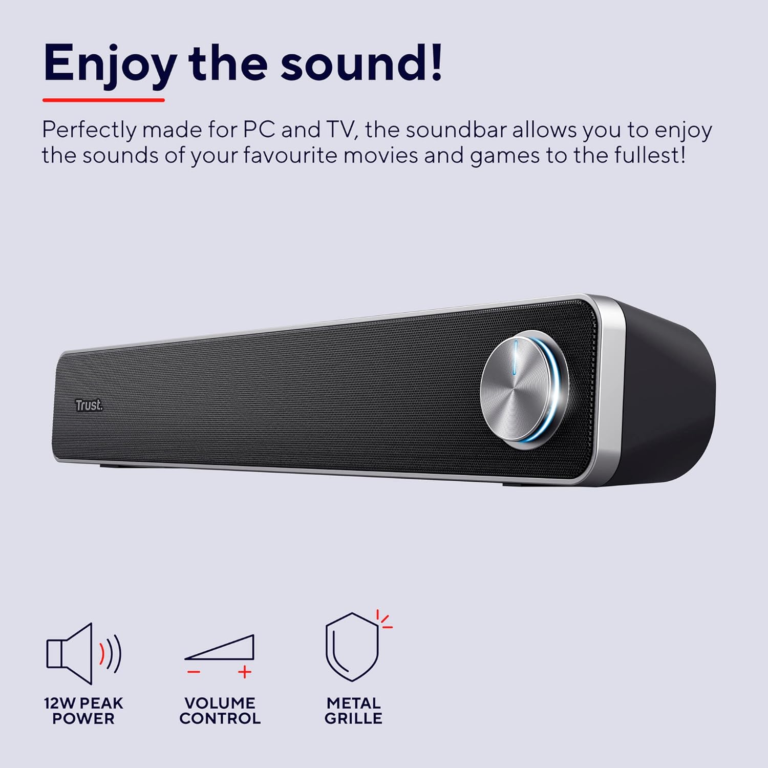 Trust Arys PC Soundbar, Speaker for Computer and Laptop, 12 W, USB Sound System, Metal Grill, Illuminated Volume Control, Speaker Bar for PC, Laptop, Mac - Black-1