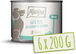 MjAMjAM - premium wet food for dogs - good turkey on boiled rice with steamed zucchini, pack of 6 (6 x 200 g), natural with extra meat