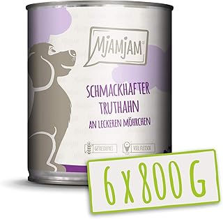 MjAMjAM premium wet food for dogs - tasty turkey with delicious carrots, pack of 6 (6 x 800 g), grain-free with extra meat