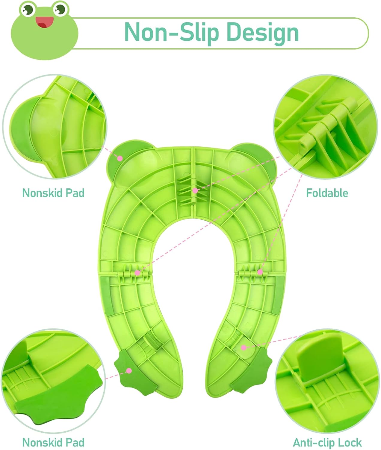 Pejoye Foldable Potty Toilet Training Seat, Travel Portable Toddler Toilet Seat, Folding Potty Training Seat for Kids with 6 Anti Slip Silicone Pads and 1 Carry Bag, Green Frog-1