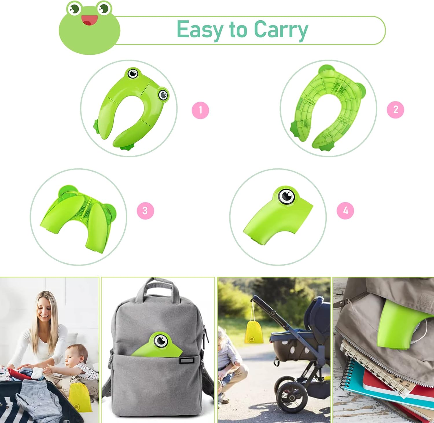 Pejoye Foldable Potty Toilet Training Seat, Travel Portable Toddler Toilet Seat, Folding Potty Training Seat for Kids with 6 Anti Slip Silicone Pads and 1 Carry Bag, Green Frog-2