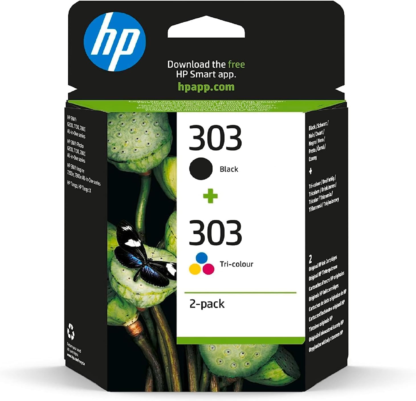 HP 303 (3YM92AE) Original Printer Cartridges 2 Count (Pack of 1) (1xblack, 1xcolor) for HP ENVY 6200, 7100, 7134,7220e,7221e,7224e,7800,7900e Tango Printer.Black - 1X 200 pg|Tri-color - 1 x 165 pg-0