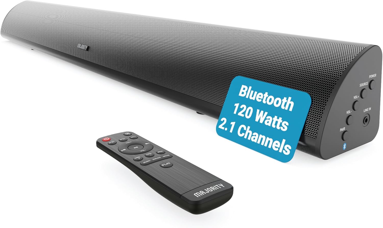 MAJORITY Bluetooth Sound Bar for TV | Built-in Subwoofer | 120 Watts 2.1 Channel Sound | RCA, Optical, and AUX Connection | Wall Mountable | Remote Control included Snowdon TV Soundbar-0