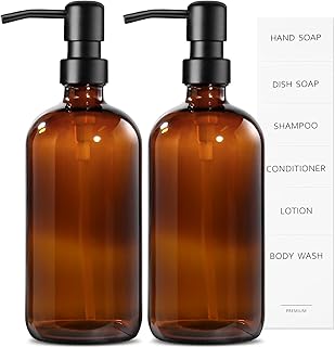 MIUSITE 2 Pack Amber Soap Dispenser with Stainless Steel Pump,500ml Brown Glass Soap Dispensers, Hand and Dish Soap Dispenser for Kitchen & Bathroom, Refillable Amber Glass Bottle with Pump and Label