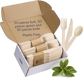 H&S Wooden Cutlery Set - Wood Spoon, Fork and Knife Set - Disposable Cutlery Alternative to Plastic Forks, Spoons, and Knives - Wooden Spoons, Knives, and Forks - 150 Piece Set