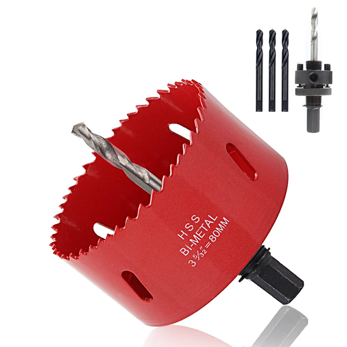 ASelected 80mm BI-Metal Hole Saw M42 HSS Circular Hole Cutter with Hexagon Adapter and Centring Drill Red Bi Metal Holesaw for Plastic, Thin Metal, Cornhole Boards-0