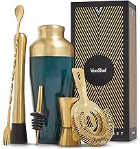 VonShef Cocktail Shaker Set, Gold & Green 6pc Set with Parisian Cocktail Shaker, Bartender Kit w/ Strainer, Muddler, Jigger & More, Gift Box Included