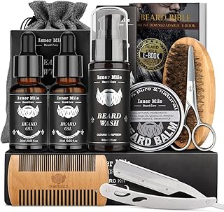 ISNER MILE Beard Grooming Kit for Men, Fathers Gifts for Dad Men Him Husband Boyfriend, with Beard Shampoo Wash, Oil, Balm, Trimming Set Include Brush, Comb, Scissors