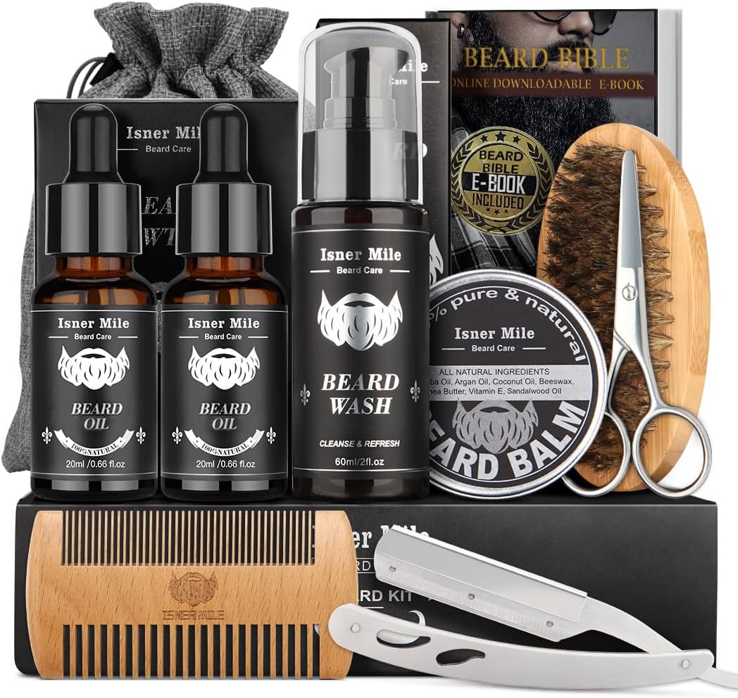 ISNER MILE Beard Grooming Kit for Men, Fathers Gifts for Dad Men Him Husband Boyfriend, with Beard Shampoo Wash, Oil, Balm, Trimming Set Include Brush, Comb, Scissors-0