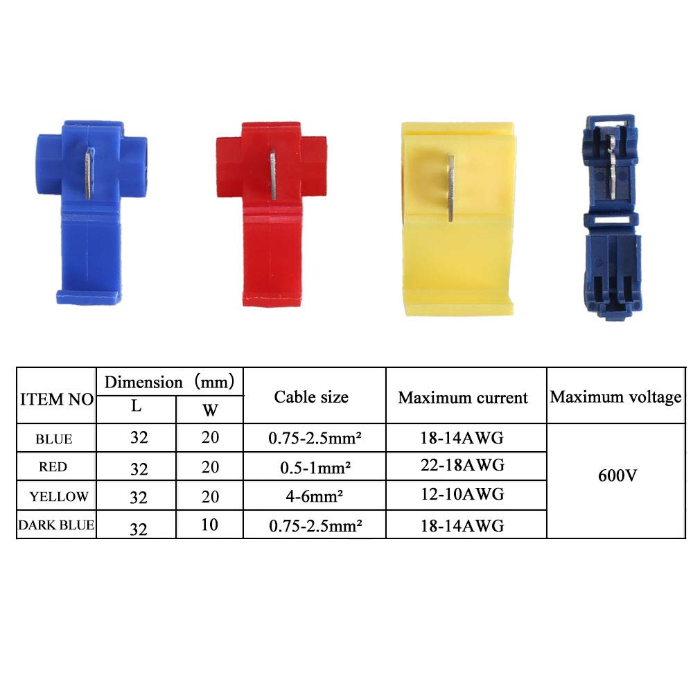 HO2NLE 65pcs Scotch Lock Connectors Scotch Locks Quick Splice Connector Terminals T-Tap Car Electrical Connectors Branch Crimp Connectors Set for Motorcycle Automotive 3 Size Red Blue Yellow-2