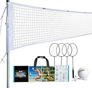 Franklin Sports Volleyball + Badminton Combo Sets Hinterhof + Strand Outdoor Volleyball + Badminton Net Set - Tragbares Badminton + Volleyballnetz mit Stangen - Volleyball, Schlger + Birdies