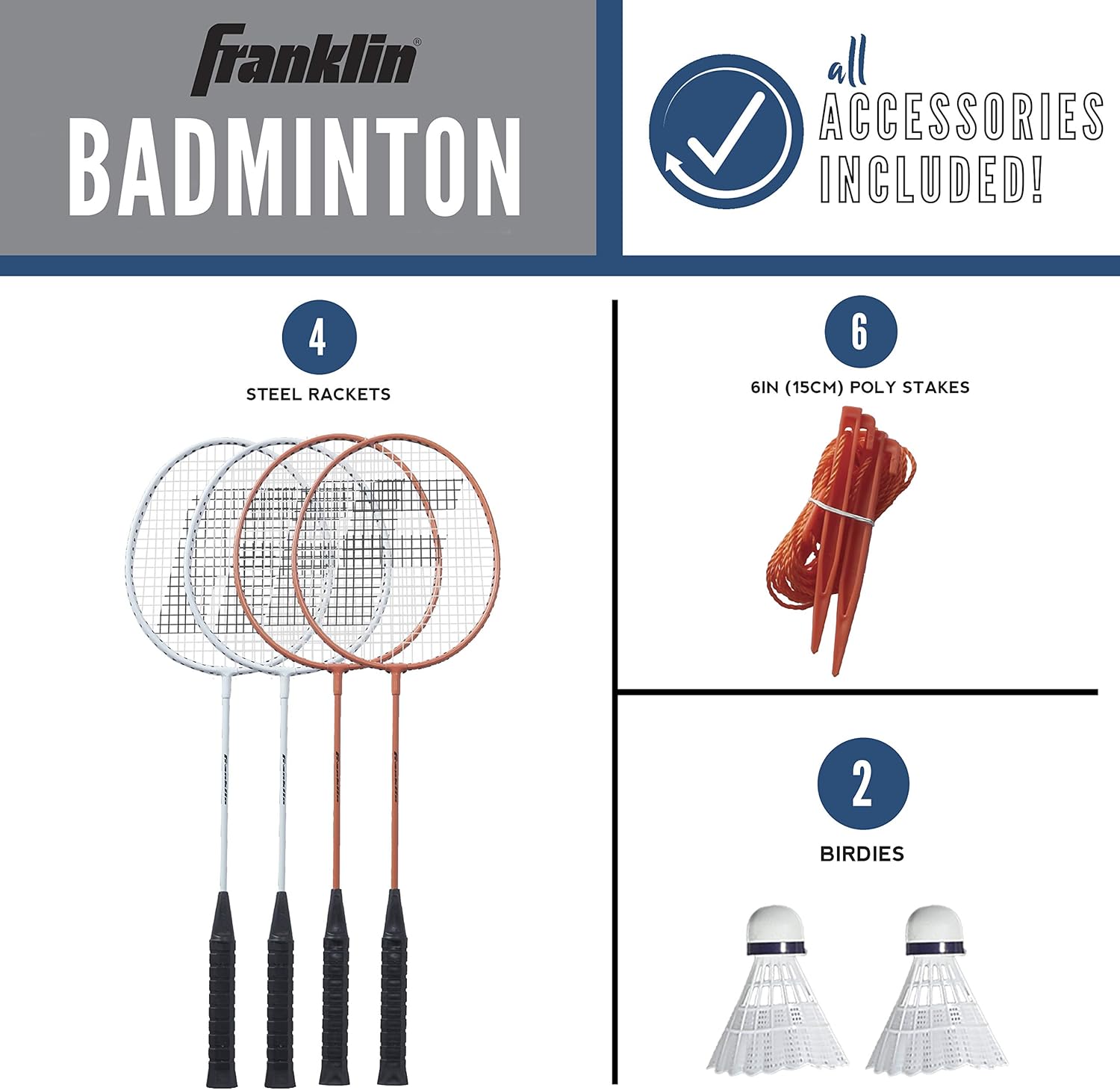 Franklin Sports Badminton Net Sets - Outdoor Backyard + Beach Badminton Net + Equipment Set - (4) Rackets + (2) Birdies + Portable Net Included - Adults + Kids Set-1