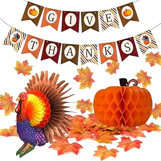 FEPITO Give Thanks Banner with Paper Colorful Turkey Pumpkin Artificial Maple Leaves Decoration Kit Total 203 PCS for Autumn Fall Party Thanksgiving Day Party Supplies Decorations