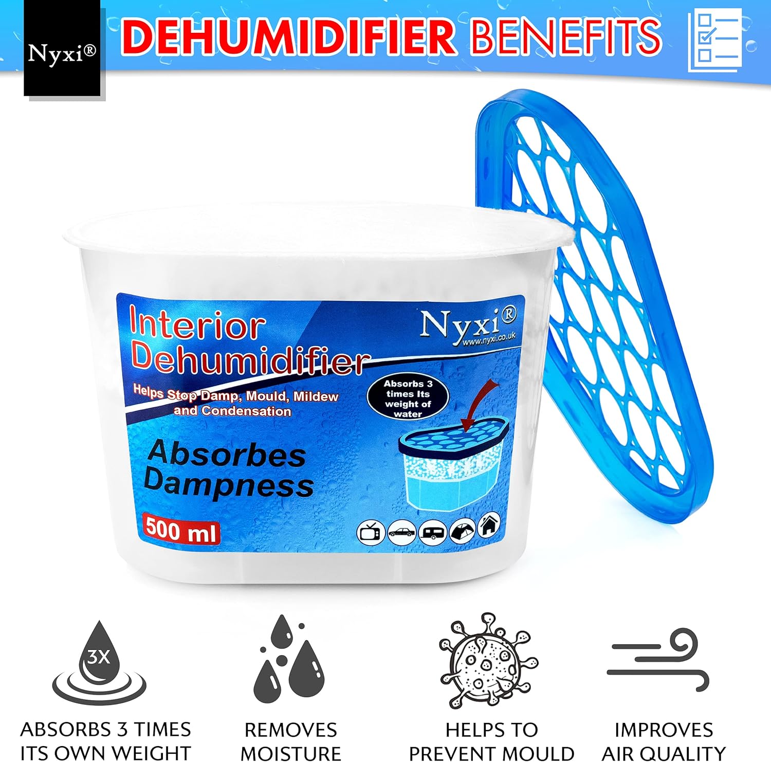 Nyxi Dehumidifier Pack of 6 X 500ml Interior Wardrobe, Ideal to stop Condensation damp, mould mildew & condensation - Remove Moisture and improve air quality Wardrobe, Home, Kitchen, Garage, Caravan-2