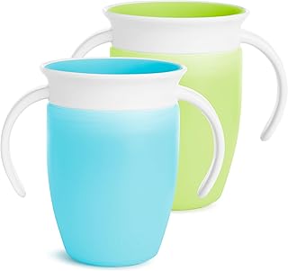 Munchkin Miracle 360 Sippy Cup | Trainer Toddler Cup | BPA Free Baby & Toddler Cups w.Handles | Non Spill Cup | Dishwasher Safe Baby Cup | Leakproof Cup | 6+ Months| 7oz/207ml | 2 Pack | Blue/Green