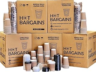 HOT BARGAINS, 100 X 12oz / 360ml Kraft Triple Walled Disposable Paper Ripple Cups Disposable Coffee Tea Cups Disposable Hot Drink Cups + 100 X LIDS