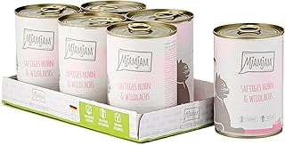 MjAMjAM - premium wet food for cats - juicy chicken and wild salmon, pack of 6 (6 x 400 g), grain-free with extra meat