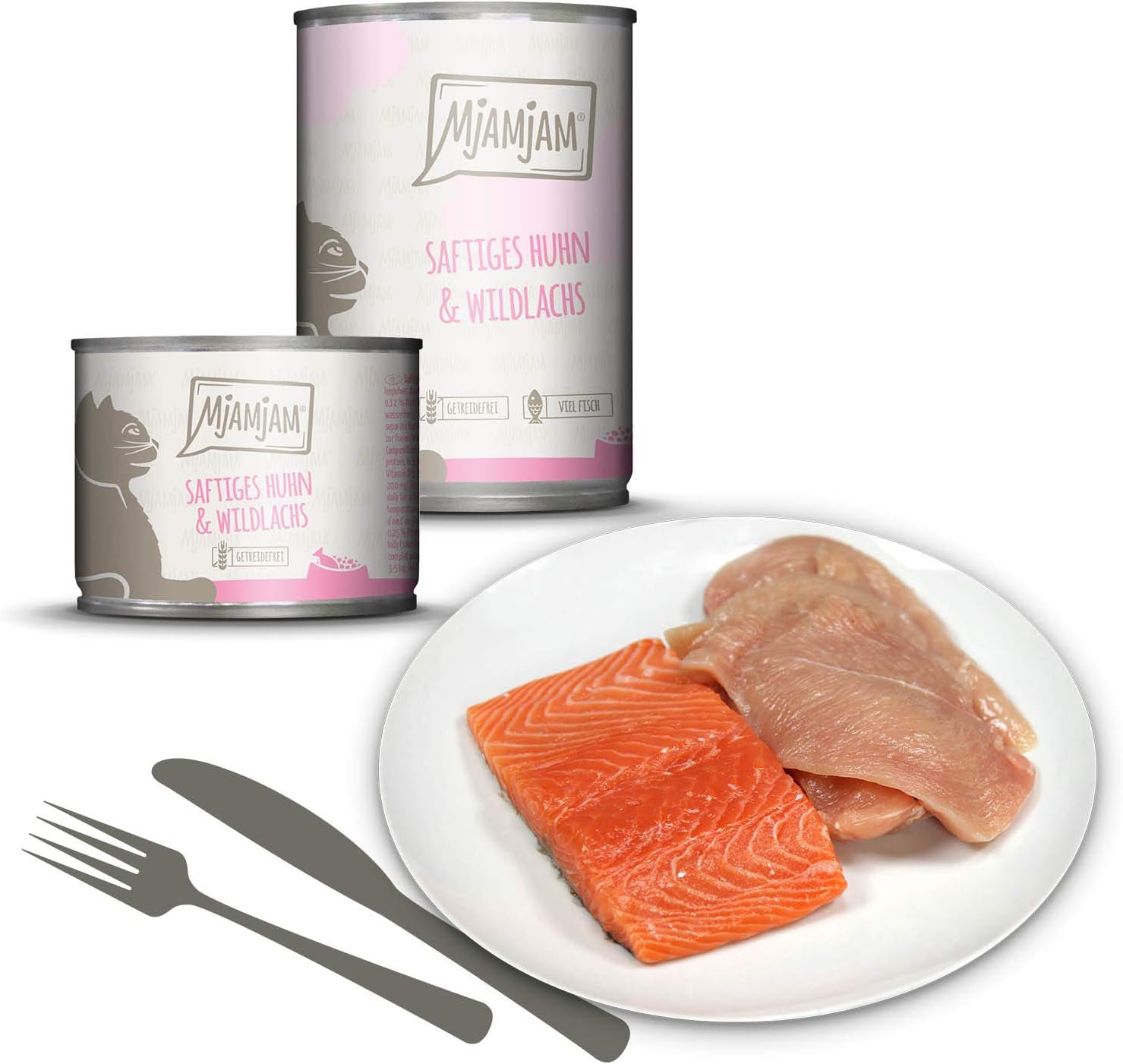 MjAMjAM - premium wet food for cats - juicy chicken and wild salmon, pack of 6 (6 x 400 g), grain-free with extra meat-1